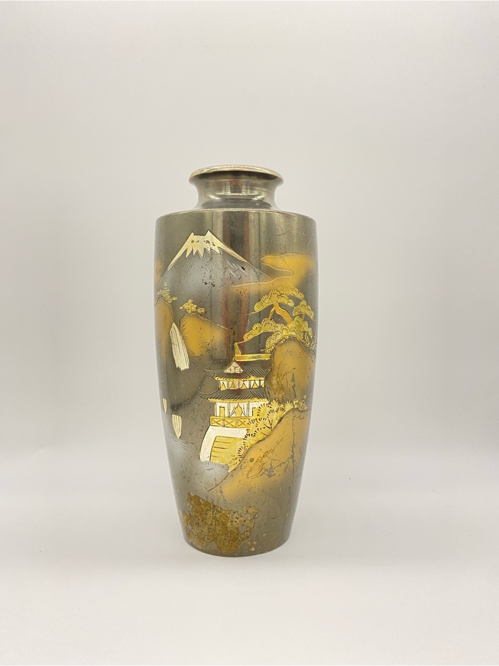 Japanese Etched Landscape Metal Decorative Vase